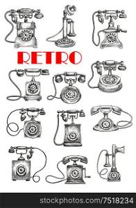 Engraving stylized vintage landline telephones sketches with candlestick and rotary dial table phones. Maybe use as retro interior accessories theme design. Vintage landline telephones, sketch style