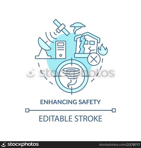 Enhancing safety turquoise concept icon. Space exploration benefit abstract idea thin line illustration. Isolated outline drawing. Editable stroke. Arial, Myriad Pro-Bold fonts used. Enhancing safety turquoise concept icon