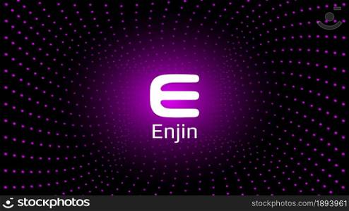 Enjin ENJ token symbol cryptocurrency in the center of spiral of glowing dots on dark background. Cryptocurrency logo icon for banner or news. Vector illustration.