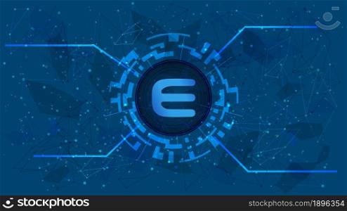 Enjin ENJ token symbol in digital circle with cryptocurrency theme on blue background. Cryptocurrency coin icon. Vector illustration.