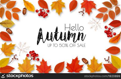 Enjoy Autumn Sale background with autumn leaves and products. Vector illustration.