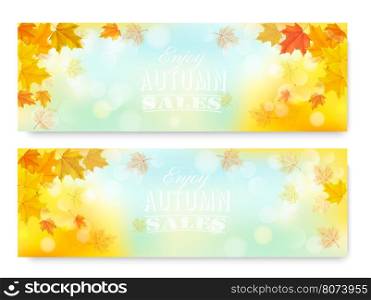 Enjoy Autumn Sales Banners with Colorful Leaves. Vector.