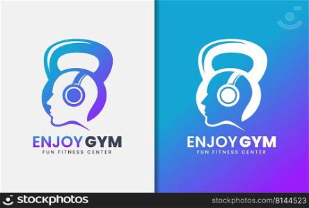 Enjoy Gym Logo Design with Kettlebell and Human with Headphone Combination. Graphic Design Element.