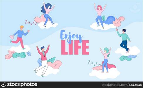 Enjoy Life Horizontal Banner. Happy Faceless Male and Female Characters Dancing and Jumping with Hands Up on Clouds with Plants Elements on Blue Background. Linear Cartoon Flat Vector Illustration.. Enjoy Life Horizontal Banner. Happy Characters.