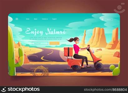 Enjoy nature banner with girl ride on scooter on road in desert. Vector landing page with cartoon sand desert landscape with mountains, cactuses, tumbleweed and highway. Woman travel on motorbike. Banner with girl ride on scooter on road in desert