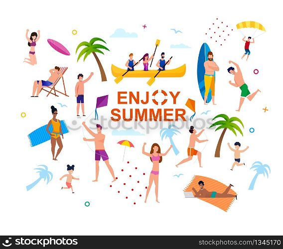 Enjoy Summer Abstract Banner with Happy People. Cartoon Tourists Having Fun, Sunbathing, Rowing, Parasailing, Surfing. Satisfied Parents and Kids on Vacation. Vector Flat Tropical Illustration. Enjoy Summer Abstract Banner with Happy People