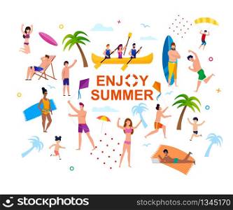 Enjoy Summer Abstract Banner with Happy People. Cartoon Tourists Having Fun, Sunbathing, Rowing, Parasailing, Surfing. Satisfied Parents and Kids on Vacation. Vector Flat Tropical Illustration. Enjoy Summer Abstract Banner with Happy People