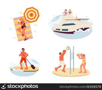 Enjoy summer break flat vector spot illustration set. 2D cartoon characters on white for web UI design. Volleyball sand. Reading book beach. Yacht party isolated editable creative hero image pack. Enjoy summer break flat vector spot illustration set