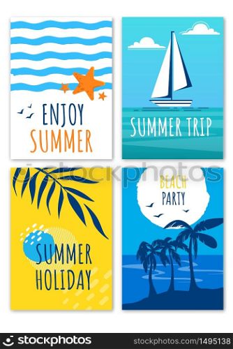 Enjoy Summer Holiday Trip, Beach Party Banners Set, Summertime Vacation Promo Advertising Poster Design with Sailing Ship, Palm Tree Leaves, Seascape Background, Ad, Cartoon Flat Vector Illustration. Enjoy Summer Holiday Trip, Beach Party Banners Set