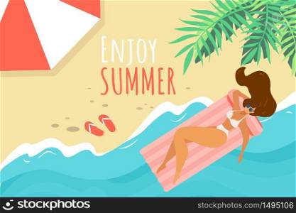 Enjoy Summer Horizontal Banner, Young Woman in White Bikini Relaxing on Sandy Beach Lying on Inflatable Mattress Under Palm Tree in Sea, Top View. Summer Time Vacation Cartoon Flat Vector Illustration. Young Woman Relaxing on Sandy Beach, Summertime