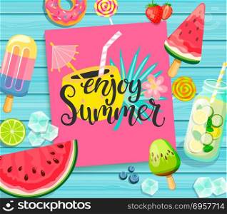 Enjoy Summer lettering on blue wooden background.. Enjoy Summer card with lettering on blue wooden background with lemonade, detox, watermelon, ice, donut, ice cream, lime and candy. Vector Illustration.