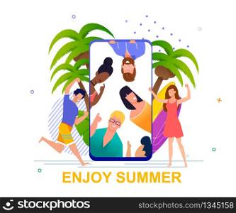 Enjoy Summer Motivation. Social Media Postcard. Cartoon Happy Man and Woman Rest on Tropical Beach. Huge Mobile Screen with Human Faces. Video Call, Sharing Summer Vacation Moment. Vector Illustration. Enjoy Summer Motivation for Social Media Posts