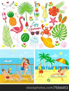 Enjoy summer paper card decorated by fish and beach wear isolated on white. Summertime holidays. Couples on cruise liner or lying on sand, summer business near sea, leisure vector. Couple on Beach and Ship, Enjoy Summer Vector