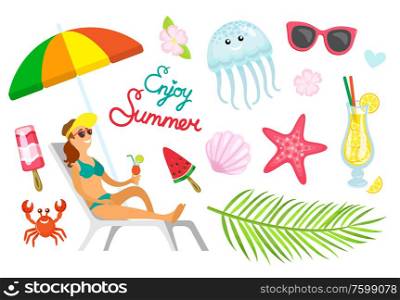 Enjoy summer person relaxing with cocktail vector. Palm tree branch with leaves, beverage in cup, crab and jellyfish, sunglasses and starfish flat style. Enjoy Summer, Summertime Vacation Woman at Beach
