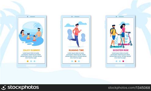 Enjoy Summer, Running Time, Scooter Ride Landing Pages Set for Mobile Application. Healthy Lifestyle and Active Summertime. Recreation for Family, Couple in Love, Rest Alone. Vector Flat Illustration. Enjoy Summer Mobile Application Landing Page Set