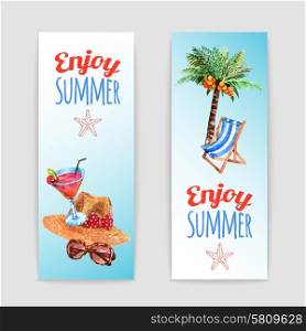 Enjoy summer vacation 2 watercolor travel agency banners set with palm and tropical cocktail abstract vector illustration. Tropical vacation travel banners set