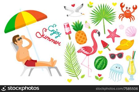 Enjoy summer vector, man sitting under umbrella relaxing. Palm tree branch with leaves, crab and flamingo with pink plumage, ice cream and watermelon. Enjoy Summer, Summertime Elements Set of Icons