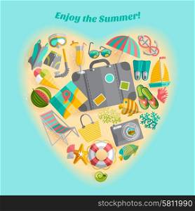 Enjoy the summer holiday travel icons heart shaped composition poster with beach swimming accessories abstract vector illustration. Summer vacation heart composition icon poster