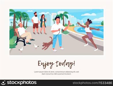 Enjoy today banner flat vector template. Brochure, poster concept design with cartoon characters. People on seafront. Summer vacation urban activity horizontal flyer, leaflet with place for text. Enjoy today banner flat vector template