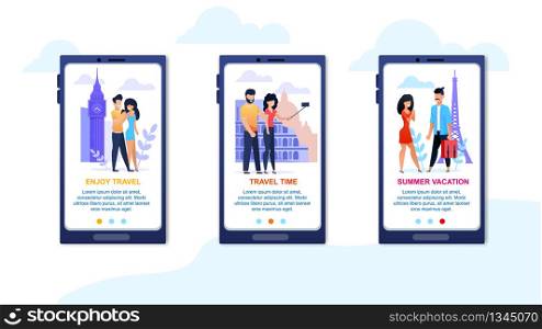 Enjoy Travel and Happy Summer Vacation Landing Page Set for Mobile Application. Summertime Trip Around World. Flat Cartoon People Look, Take Selfie, Photograph Landmarks. Vector Illustration. Enjoy Travel in Summer Mobile Landing Page Set