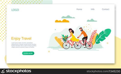 Enjoy Travel. Cartoon Man and Woman Cycling Vector Illustration. Rent Bike Online, Rental Service. Girl in Dress and Man Ride Bicycle. Active Leisure Summer Sport. Healthy Vacation Weekend Trip. Enjoy Travel. Cartoon Man and Woman Ride Bicycle