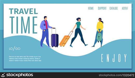 Enjoy Travel Time, Travel Company, Touristic Agency Online Service Flat Vector Web Banner, Landing Page Template with Traveling Multinational People, Female and Male Tourists with Baggage Illustration