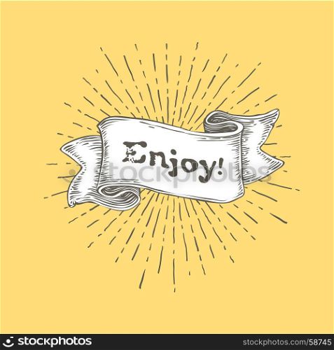 "Enjoy. Vintage ribbon banner with text "Enjoy" and rays. Retro hand drawn design on yellow background. Vector Illustration"