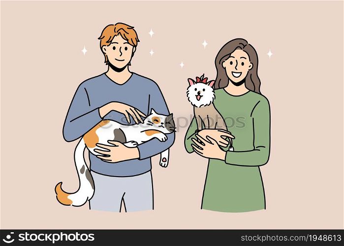 Enjoying animals and pets concept. Young smiling couple woman and man standing and holding cat and small dog on hands feeling love vector illustration. Enjoying animals and pets concept.