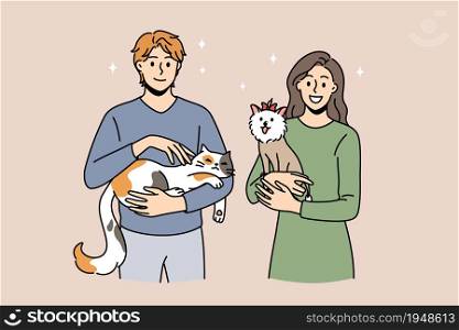 Enjoying animals and pets concept. Young smiling couple woman and man standing and holding cat and small dog on hands feeling love vector illustration. Enjoying animals and pets concept.