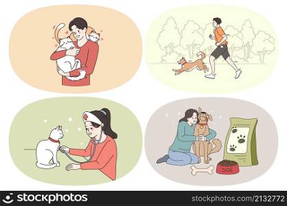 Enjoying company of pet concept. Set of girls and boys pet owners hugging feeding dog examining cat like doctor playing and enjoying time with pets walking in park together vector illustration. Enjoying company of pet concept