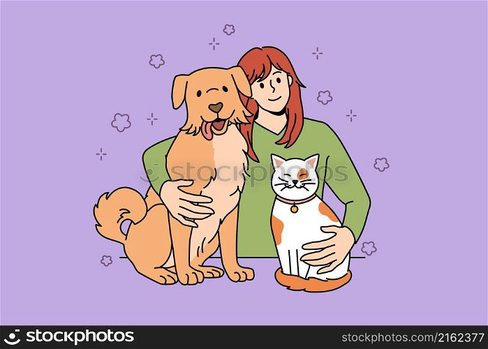 Enjoying company of pets concept. Smiling positive girl embracing her red cat and dog feeling happy with friendship vector illustration . Enjoying company of pets concept