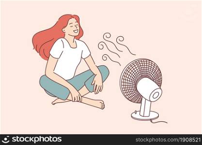 Enjoying cool wind waves concept. Young smiling woman cartoon character sitting on floor catching enjoying cool wind from fan vector illustration . Enjoying cool wind waves concept.