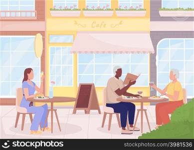 Enjoying drinks and delicious lunch at cafe flat color vector illustration. Modern urban lifestyle. Public area. Visitors 2D simple cartoon characters with cityscape on background. Caveat font used. Enjoying drinks and delicious lunch at cafe flat color vector illustration