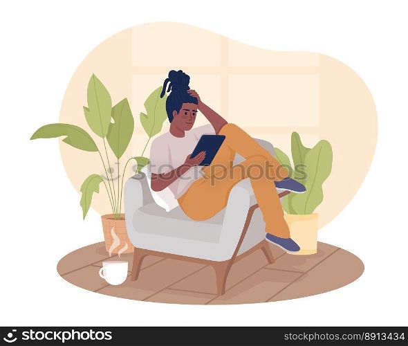 Enjoying e book on vacation 2D vector isolated illustration. Woman lying in armchair with tablet device flat character on cartoon background. Colorful editable scene for mobile, website, presentation. Enjoying e book on vacation 2D vector isolated illustration
