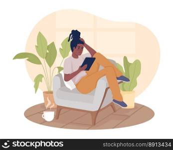Enjoying e book on vacation 2D vector isolated illustration. Woman lying in armchair with tablet device flat character on cartoon background. Colorful editable scene for mobile, website, presentation. Enjoying e book on vacation 2D vector isolated illustration
