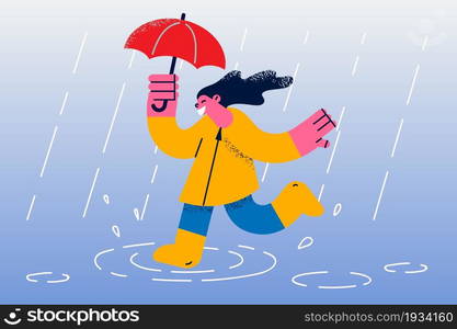 Enjoying fall and autumn weather concept. Smiling excited girl cartoon character walking outdoors in rubber boots and umbrella enjoying rain vector illustration . Enjoying fall and autumn weather concept