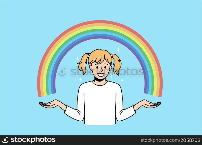 Enjoying natural rainbow colors concept. Small smiling girl standing and showing colorful rainbow with two hands over blue air background vector illustration. Enjoying natural rainbow colors concept.