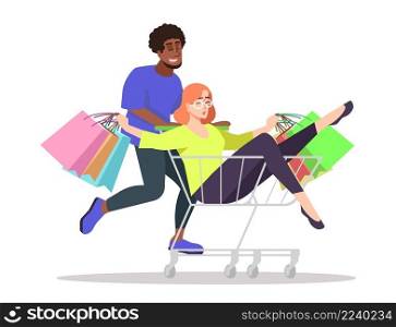 Enjoying time semi flat RGB color vector illustration. Male friend rolling girlfriend in shopping cart isolated cartoon characters on white background. Enjoying time semi flat RGB color vector illustration