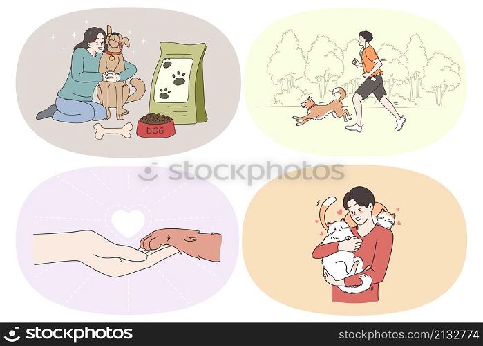 Enjoying time with pets concept. Set of positive girls and boys hugging feeding dog running in park together making friends playing and enjoying time with pets vector illustration. Enjoying time with pets concept