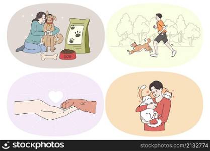 Enjoying time with pets concept. Set of positive girls and boys hugging feeding dog running in park together making friends playing and enjoying time with pets vector illustration. Enjoying time with pets concept