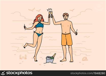 Enjoying vacations and exotic trip concept. Young happy smiling couple standing holding glasses with champagne celebrating vacations or honeymoon vector illustration. Enjoying vacations and exotic trip concept.