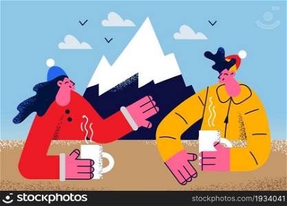 Enjoying winter sport activities concept. Young happy couple boy and girl sitting having conversation drinking hot tea during ski ride in mountains vector illustration . Enjoying winter sport activities concept.