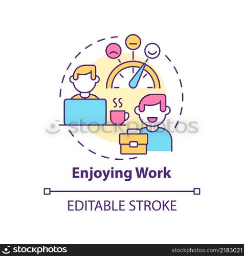 Enjoying work concept icon. Employee happiness importance abstract idea thin line illustration. Optimistic mood. Isolated outline drawing. Editable stroke. Arial, Myriad Pro-Bold fonts used. Enjoying work concept icon