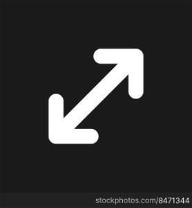 Enlarge dark mode glyph ui icon. Scaling player window. Touch screen. User interface design. White silhouette symbol on black space. Solid pictogram for web, mobile. Vector isolated illustration. Enlarge dark mode glyph ui icon