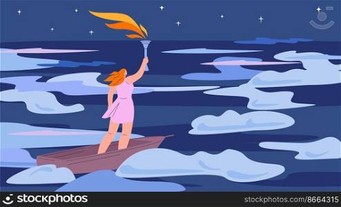 Enlightenment. Girl with burning torch flying alone in wooden boat from night. Education, female power, personal inner freedom vector metaphor. Illustration of woman strength creative. Enlightenment. Girl with burning torch flying alone in wooden boat from night. Education, female power, personal inner freedom vector metaphor
