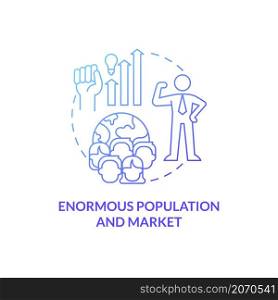 Enormous population and market blue gradient concept icon. Attracting international businesses abstract idea thin line illustration. Isolated outline drawing. Roboto-Medium, Myriad Pro-Bold fonts used. Enormous population and market blue gradient concept icon