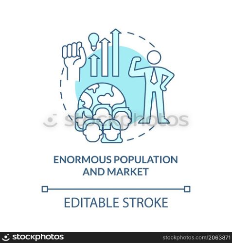 Enormous population and market turquoise concept icon. Large consumer market abstract idea thin line illustration. Isolated outline drawing. Editable stroke. Roboto-Medium, Myriad Pro-Bold fonts used. Enormous population and market turquoise concept icon