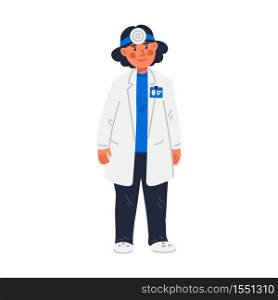 ENT or ORL. Woman - otolaryngologist. ORL-H and N specialist doctor in medical gown. Examination of ear, nose, throat. Flat style vector illustration on white background. ENT or ORL. Woman - otolaryngologist. ORL-H N specialist doctor in medical gown. Examination of ear, nose, throat. Flat style vector illustration on white background.