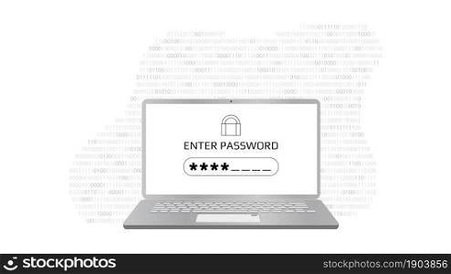 Enter password concept screen with a password box and asterisks on laptop screen. Vector illustration.