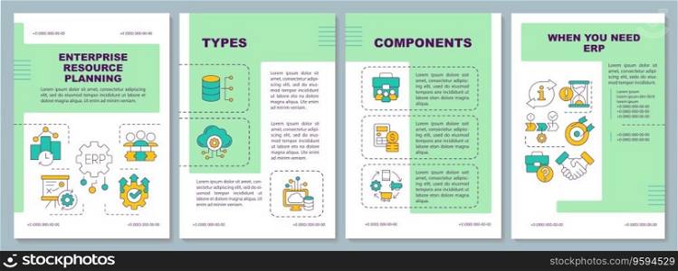 Enterprise resource planning brochure template, green leaflet design with thin linear icons, 4 vector layouts.. 2D brochure with ERP linear icons